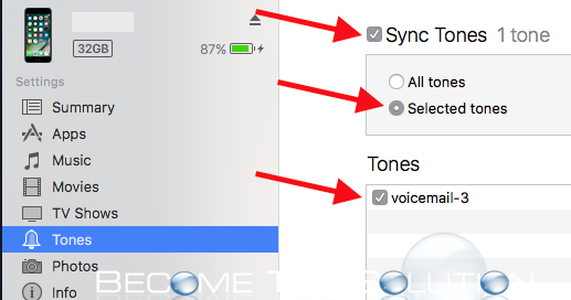 iTunes sync tones selected