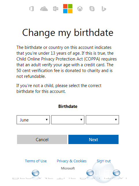 Microsoft account change birthdate verify age credit card