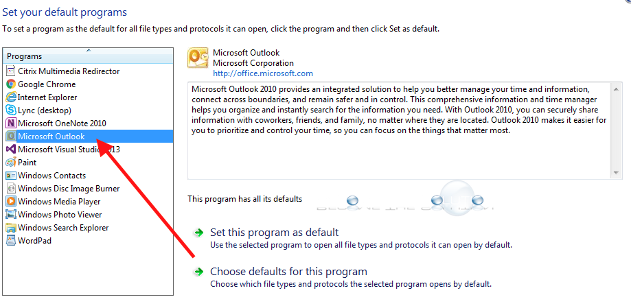 Windows set default email program