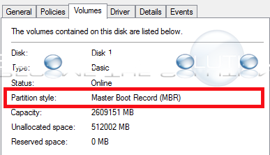 Windows drive master boot record volume tab