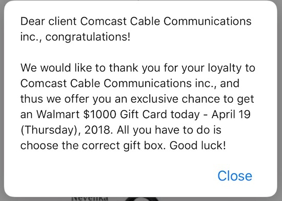 Scam: Dear Client Comcast Cable Communications Inc. Congratulations! – Pop-Up Message