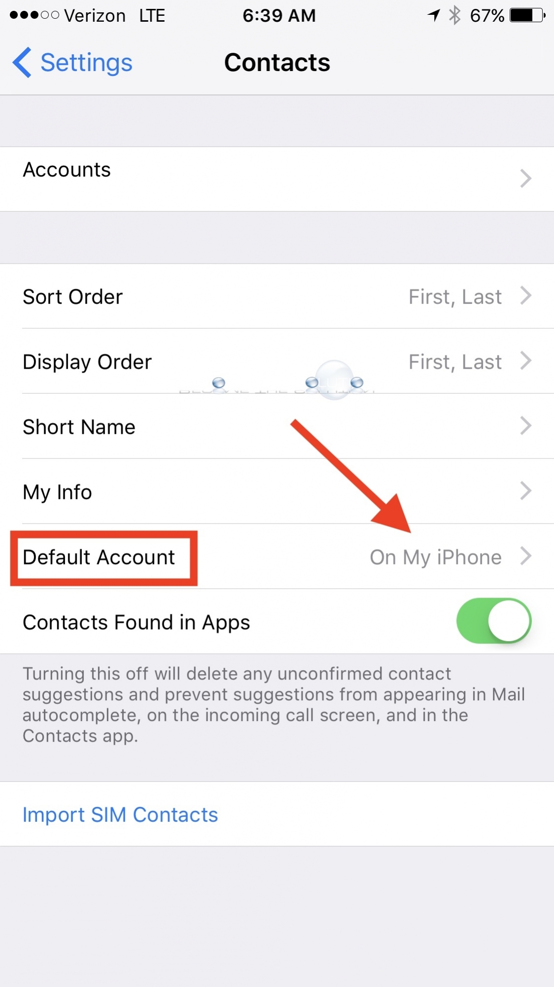 iPhone settings default account