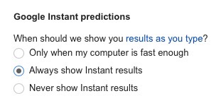 google instant predictions settings
