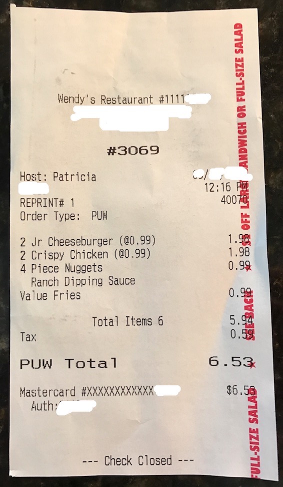 Cheapest Wendys Meal Receipt