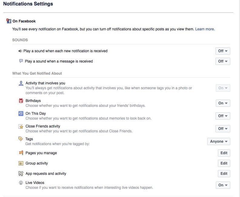 Facebook Notifications Settings