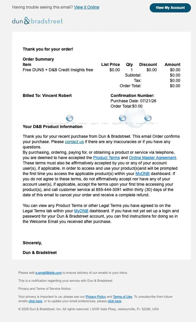 Dun And Bradstreet Free Order Email Confirmation