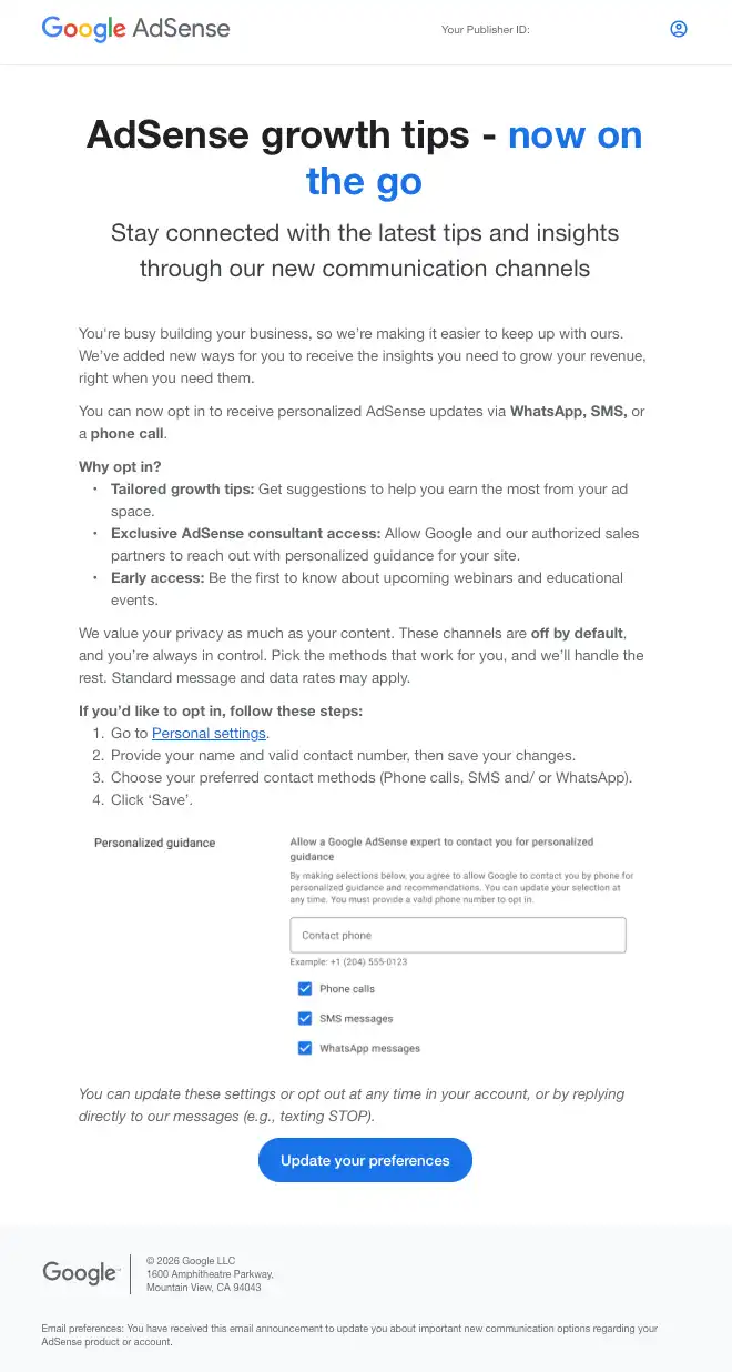 Google AdSense Personalized Guidance Email Notification Eligibility