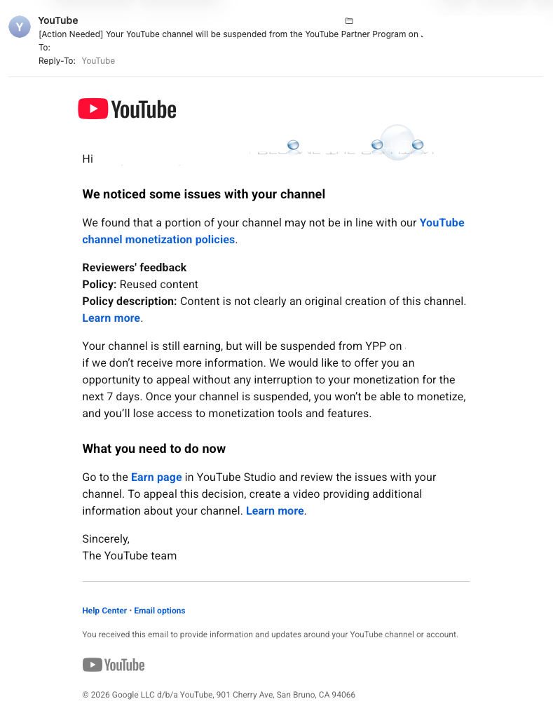 YouTube Partner Program Suspension Email