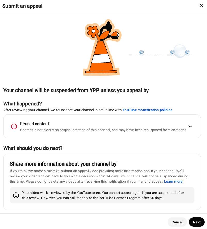 YouTube Studio Your channel will be suspended from YPP unless you appeal by