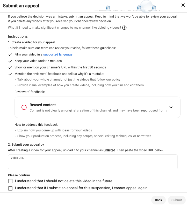 YouTube Submit Video Appeal Reused Content