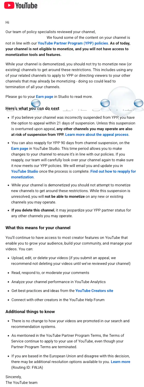 YouTube Channel Is No Longer Eligible To Monetize Email
