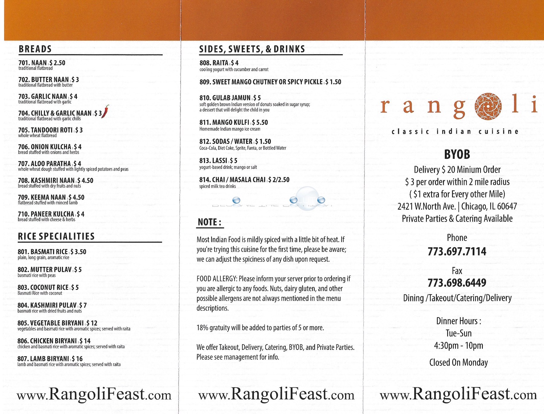 Rangoli indian restaurant chicago menu 1
