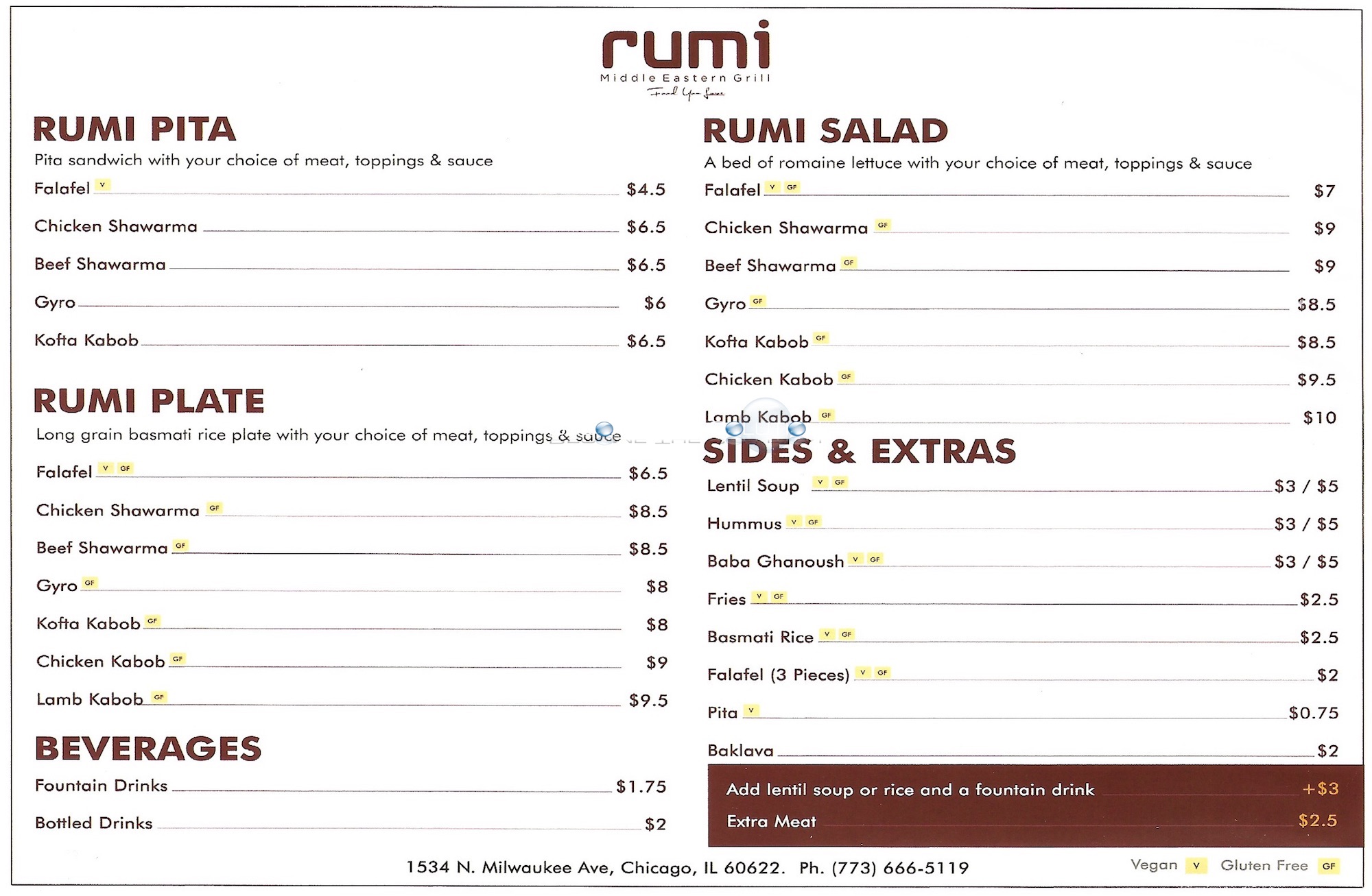 Rumi middle eastern grill Chicago Menu 1