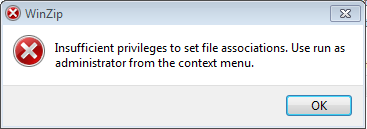 privileges insufficient associations file set winzip fix context administrator run