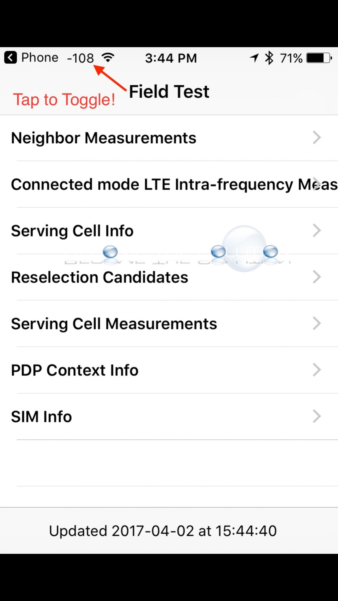 iPhone field test screen options