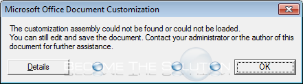 The Customization Assembly Could not be Found or Loaded Excel
