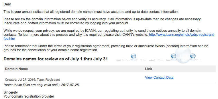 ICANN Annual Notice Domain Name Contact Whois Information