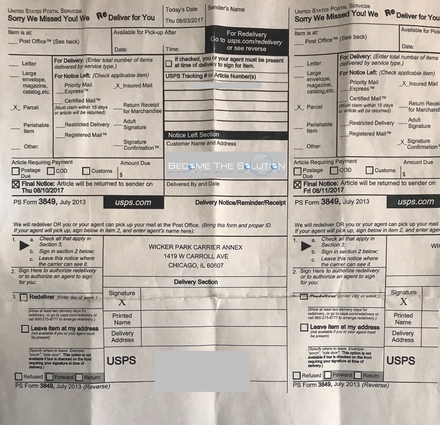 USPS Form 3849 Notice Left Section in Mailbox But Package Not at Facility?