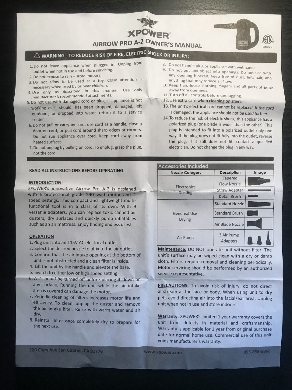 XPOWER A-2 Airrow Pro Multi-Use Electric Computer Duster Instructions manual