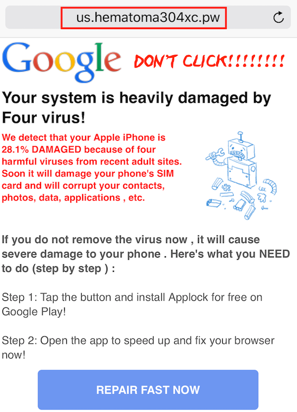 Your System is Heavily Damaged by Four Virus Phone