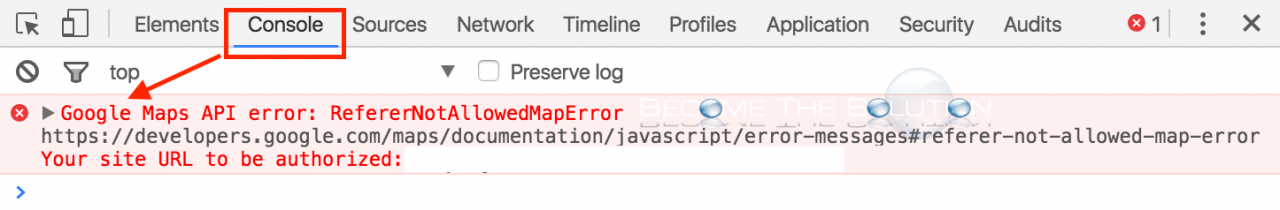 Google maps api error console developer tools width=