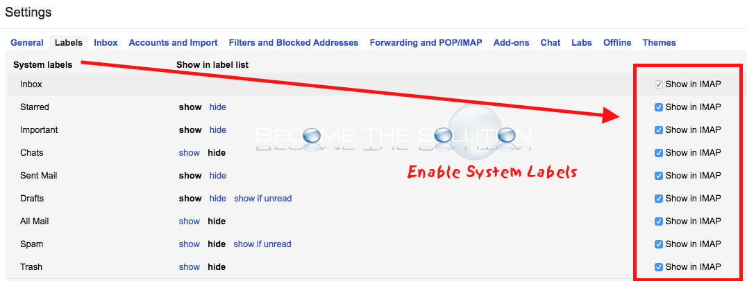 Gmail settings enable system labels