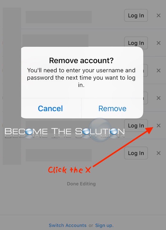 Instagram app remove account x