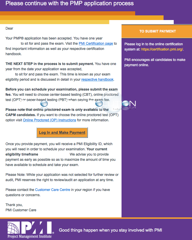 PMP Application Approval E-Mail Example (E-Mail from PMI Accepted Application)