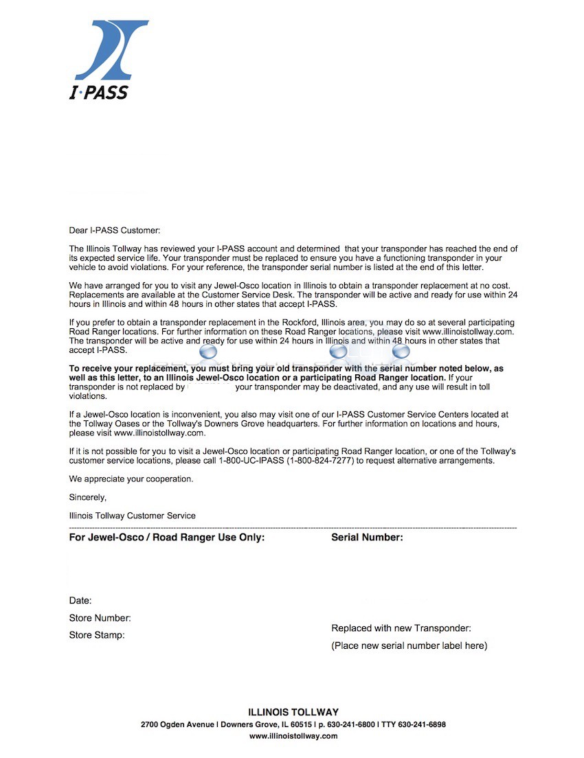 Ipass renewal letter transponder tollway