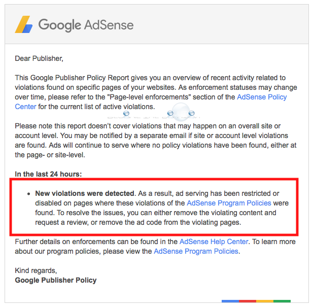 Google AdSense – New Violations Were Detected E-Mail