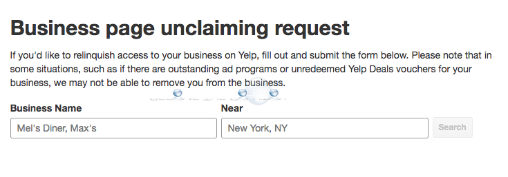 Yelp business page unclaiming request