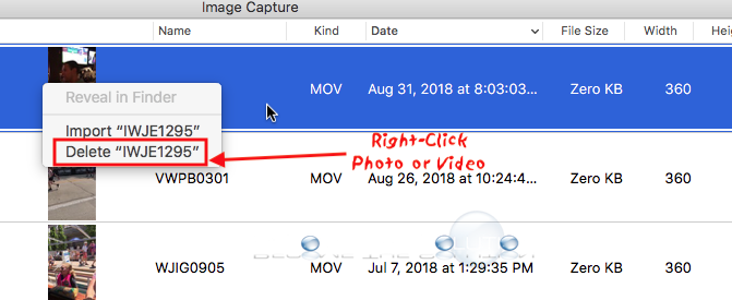 Image capture right click delete import options
