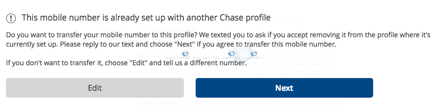 Chase quickpay this number is already setup with another chase profile