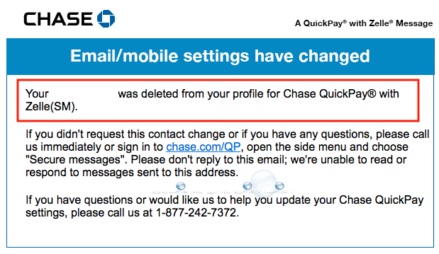 Why: Your Number Was Deleted from Your Profile for Chase QuickPay Email – November 2018