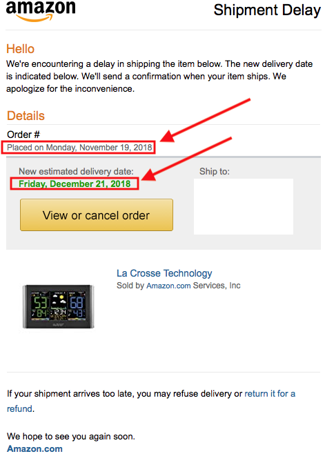 Delivery Date Change for Your Amazon.com Order (Shipment Delay)