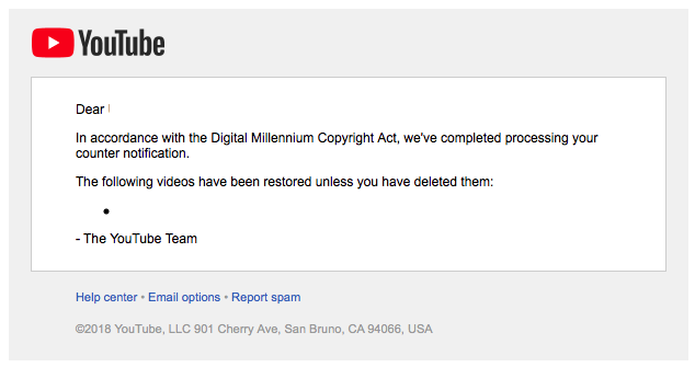 Youtube completed processing counter notification video restored email