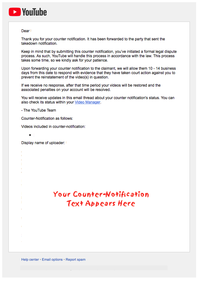 Youtube counter notification email example