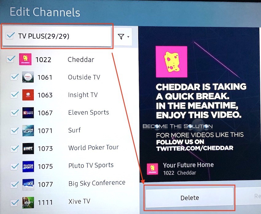 Samsung select all tv plus channels delete