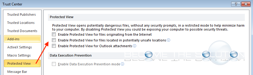 Microsoft office protected view settings