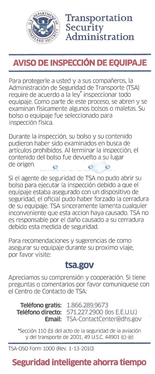 Tsa notice of bag inspection form spanish transportation security administration