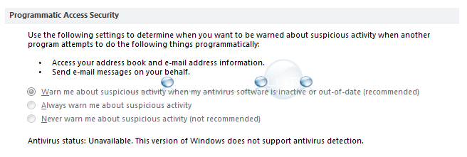 Outlook programmatic access security option unavailable