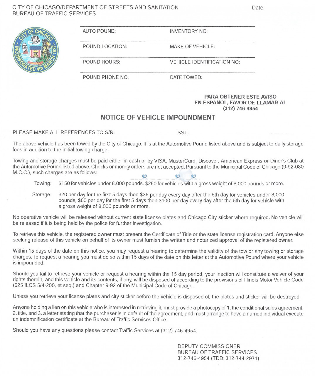 Chicago notice of vehicle impoundment letter mail