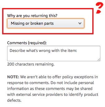 Amazon missing or broken parts claim