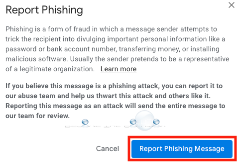 Gmail phishing email warning message confirm