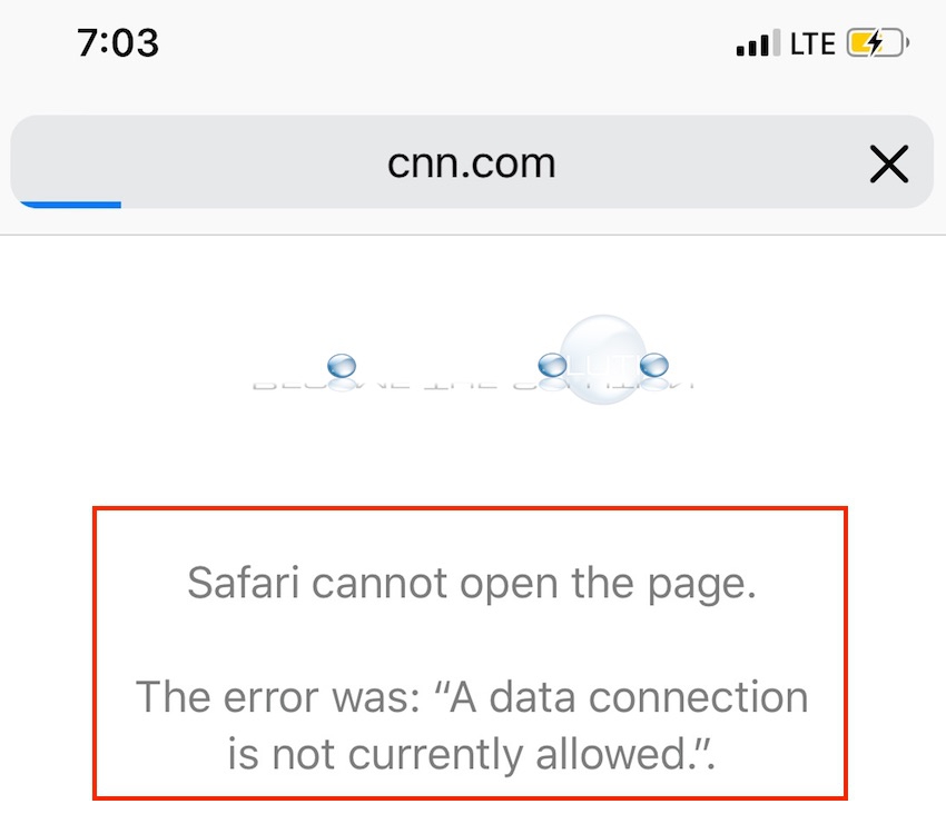 Why: A Data Connection is not Currently Allowed – iPhone (Safari)