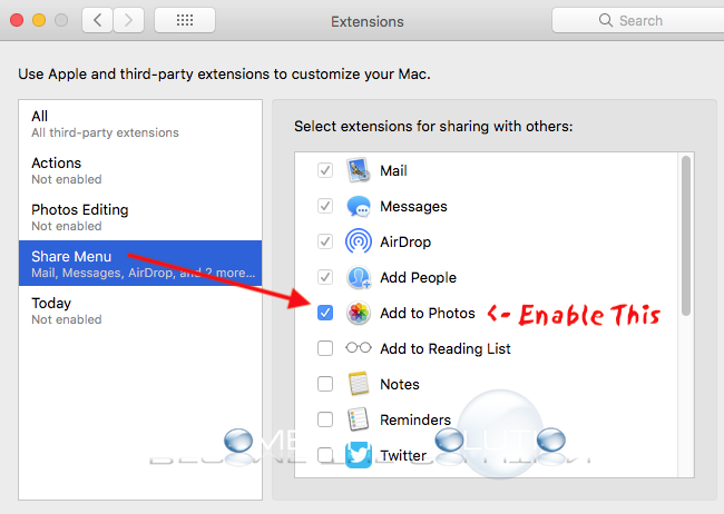 Mac system preferences 
 extensions share menu photos