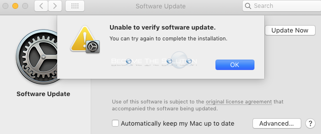 macOS X Software Update: Unable to verify software update. You can try again to complete the installation.