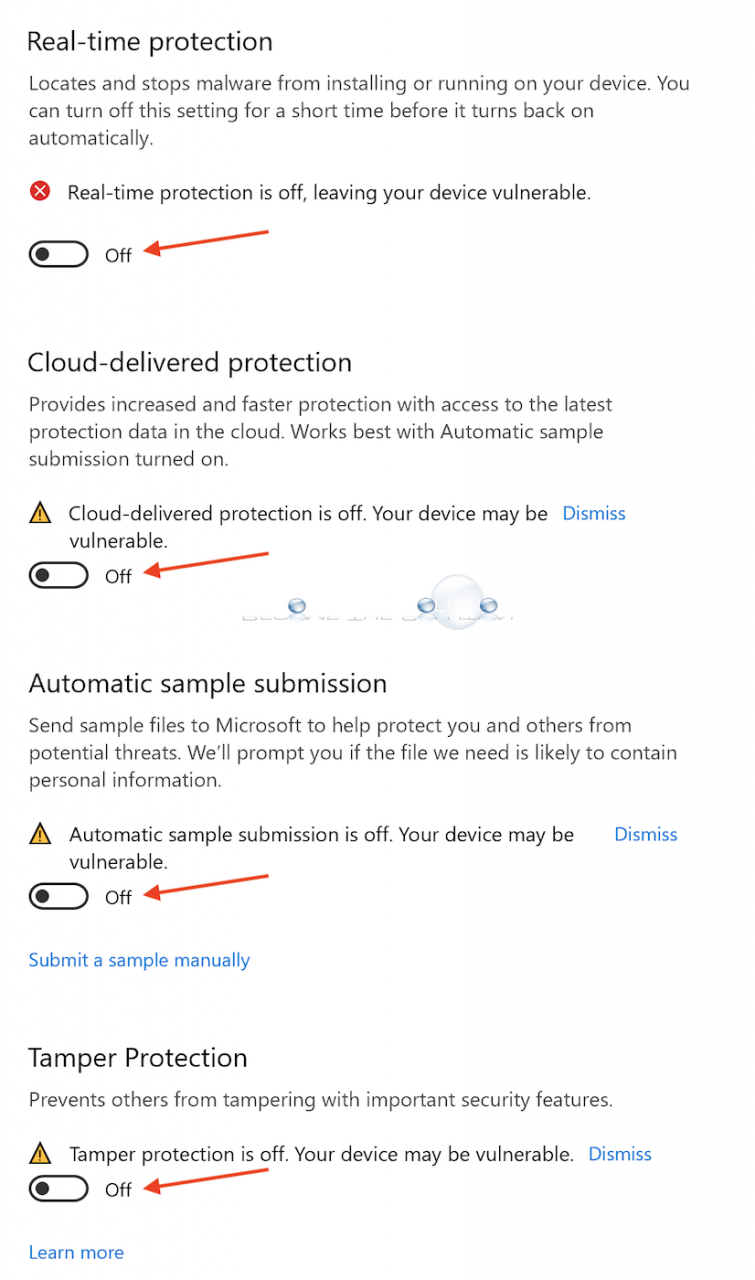 Windows 10 virus protection settings disabled