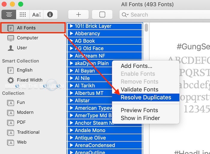 Mac font book resolve duplicates