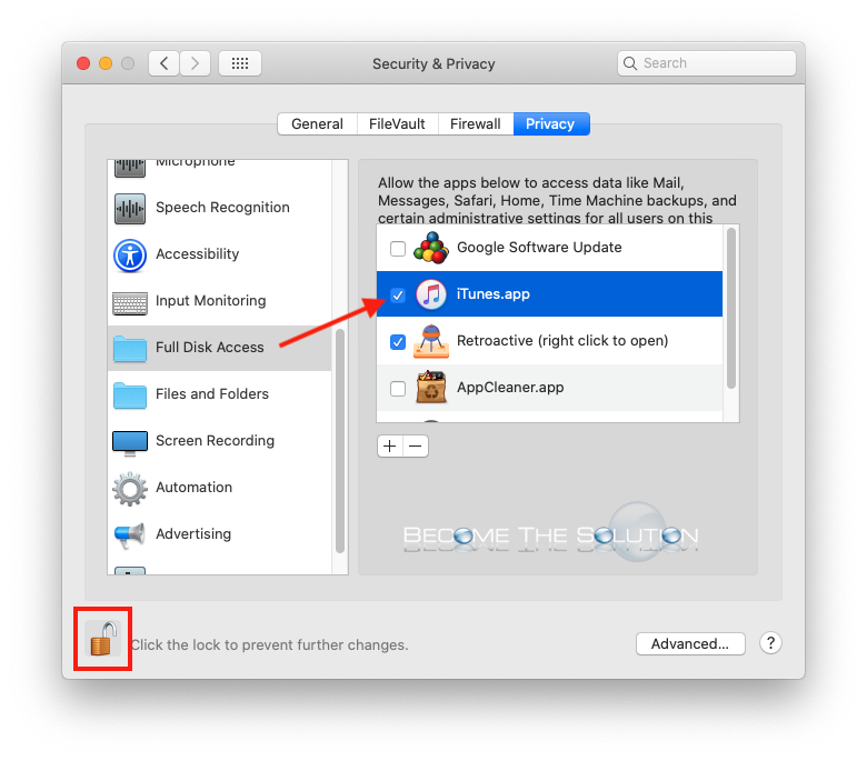 Retroactive mac install itunes full disk access enable